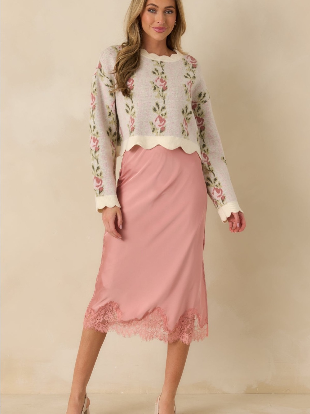 NWOT Mable Petal Promises Pink Floral Knit Scallop Edge Cottagecore Sweater - Picture 2 of 9